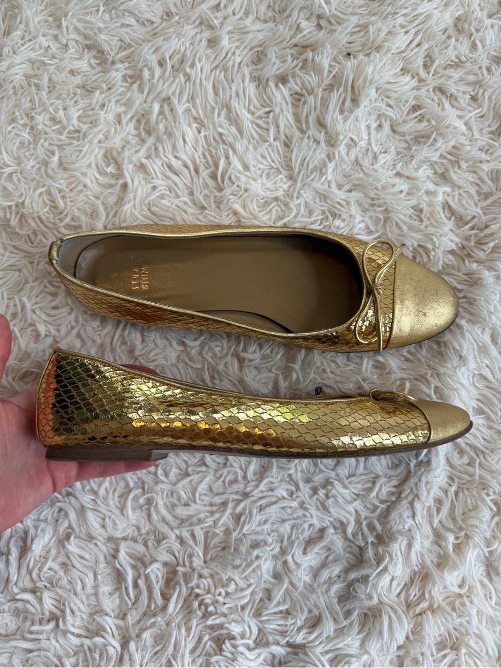 Stuart Weitzman Gold Snakeskin Ballet Flats Cap Toe Bow Leather Size 10 M